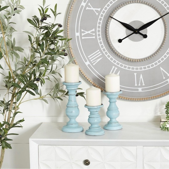 NIB - Set of 3- 6”, 8”, & 10” Tall Wood Rustic Pillar Candle Holders, Light Blue - Picture 2 of 8